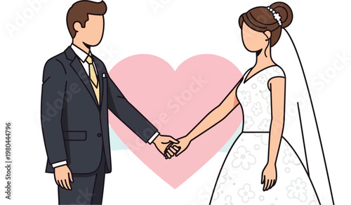 Elegant bride and groom holding hands while standing together in front of a large romantic heart symbol representing true love