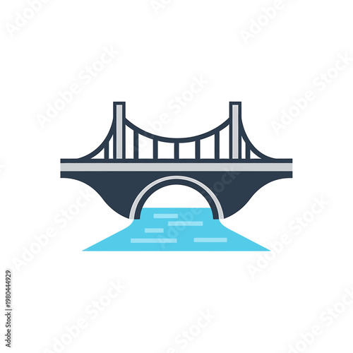 Suspension Bridge Over River Flat Vector Illustration