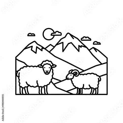Sheep in Mountain Landscape Line Art Vector Illustration
