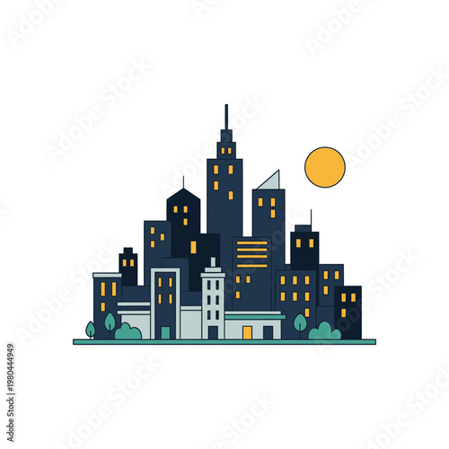Modern Flat Vector Illustration of City Skyline with Skyscrapers