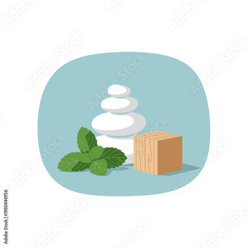 Zen Stones with Mint Leaves and Wood Block Spa Wellness Illustration