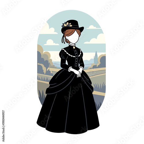 Elegant Victorian Lady in Black Gown Historical Illustration