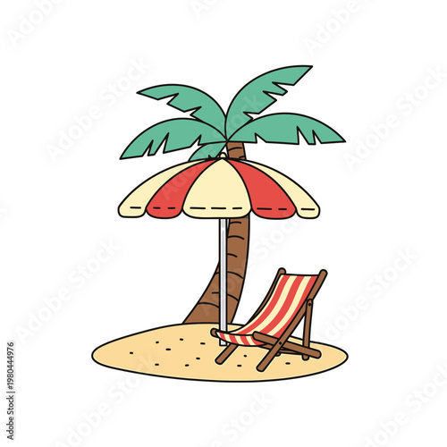 Tropical Beach Illustration with Palm Tree Umbrella and Deck Chair