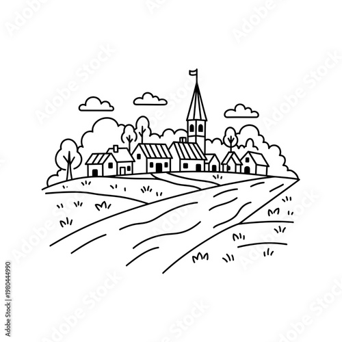 Simple line art village landscape with houses and church