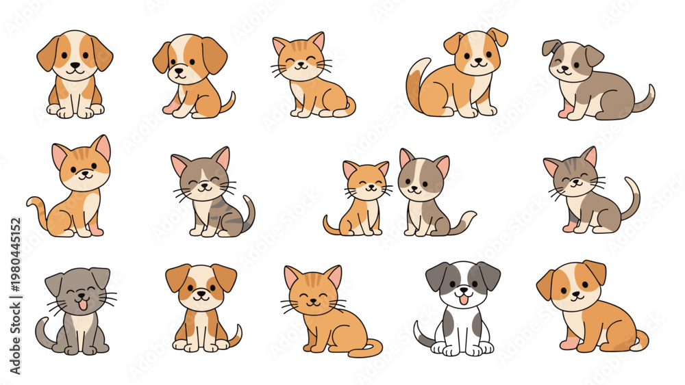 Fototapeta premium Large set of adorable cartoon puppies and kittens in various poses, featuring different breeds, colors, and friendly expressions.
