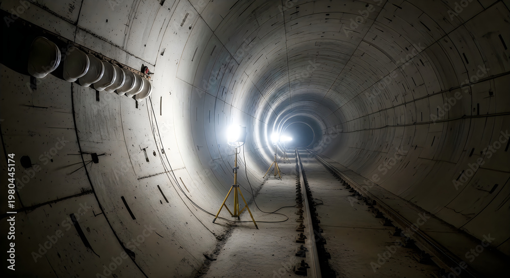 Fototapeta premium Industrial tunnel construction site with concrete walls and railway tracks