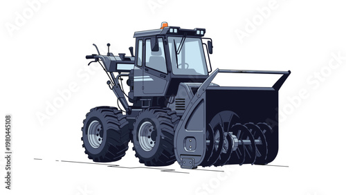 Detailed illustration of a large industrial snow blower vehicle with a front auger and cabin for clearing roads in winter weather.