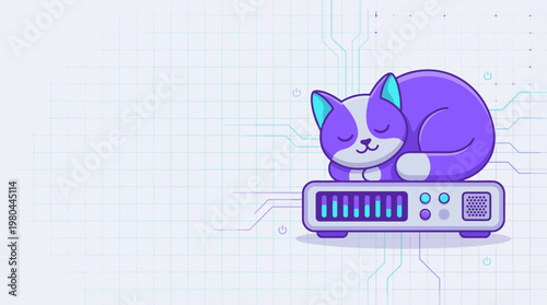A cute cartoon purple and white cat sleeping peacefully on a stylized network router or server device with a digital circuit background.