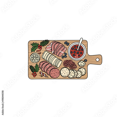 Hand Drawn Holiday Charcuterie Board with Meat and Cheese Vector