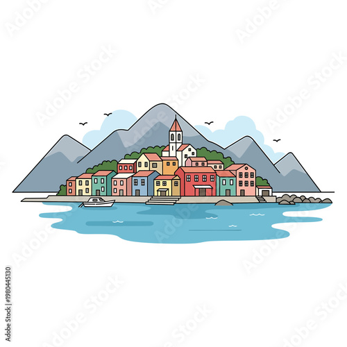 Colorful Mediterranean Coastal Town Illustration with Mountains