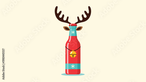 Creative illustration of a red beer bottle decorated with reindeer antlers, ears, and a golden bell for a festive holiday celebration.