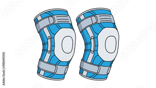 Illustration of a pair of professional blue and gray protective knee pads with adjustable straps for sports or construction work.