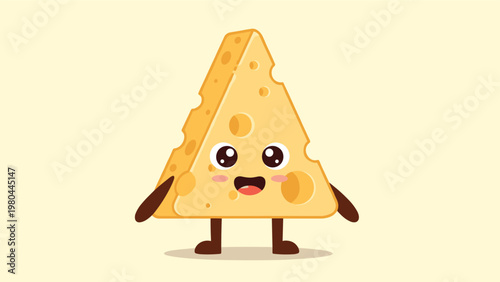 Adorable cartoon illustration of a smiling wedge of Swiss cheese with large expressive eyes and small limbs on a yellow background.