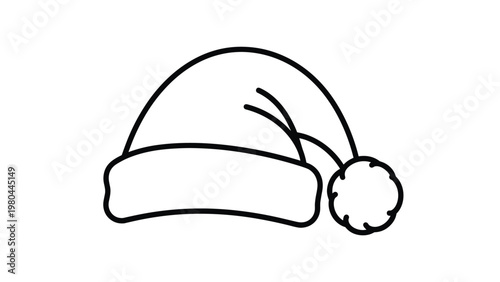 Simple black and white line drawing of a classic Santa Claus hat with a fluffy trim and pompom, ideal for holiday coloring pages.