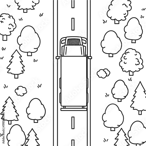 Top view of a delivery truck driving on a forest road line art
