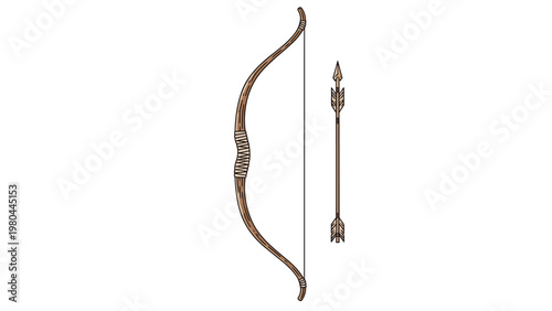 Detailed illustration of a traditional wooden recurve bow and a feathered arrow, representing archery sports and historical hunting tools.