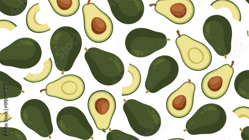Seamless background pattern featuring whole green avocados, halved avocados with pits, and fresh slices on a clean white background.