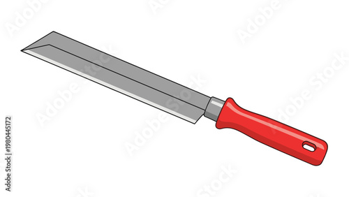 Industrial illustration of a sharp metal wood chisel with a comfortable red plastic handle, used for precise woodworking and carving.