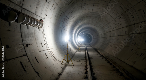 Industrial tunnel construction site with concrete walls and railway tracks
