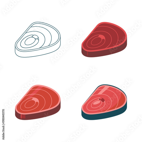 Fish steak icon bundle, single slice graphics, sashimi concept, seafood tasting event, cooking class banner, recipe card template, vector design