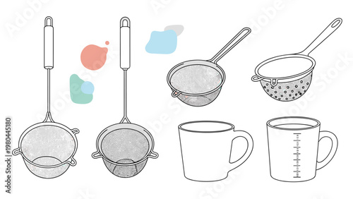 Collection of kitchen utensils including various fine mesh strainers with handles, a simple white mug, and a measuring cup.