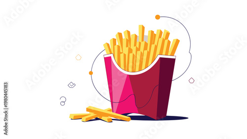 Stylized illustration of crispy golden French fries served in a classic red cardboard box, accompanied by a few scattered fries.