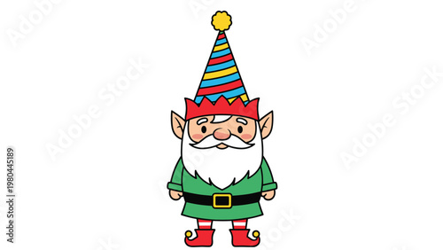 Adorable illustration of a festive Christmas gnome or elf with a long white beard, green tunic, and a tall colorful striped hat.
