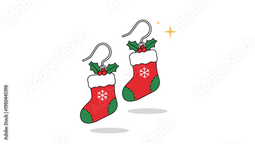 Festive pair of earrings designed like red and green Christmas stockings decorated with snowflakes and holly leaves.