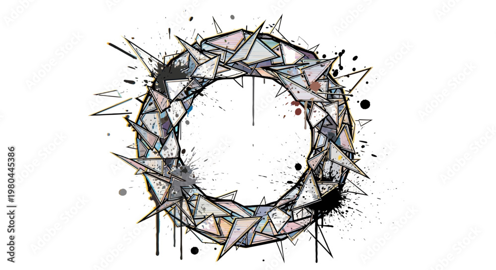 Fototapeta premium Abstract geometric circle with sharp edges and splatters