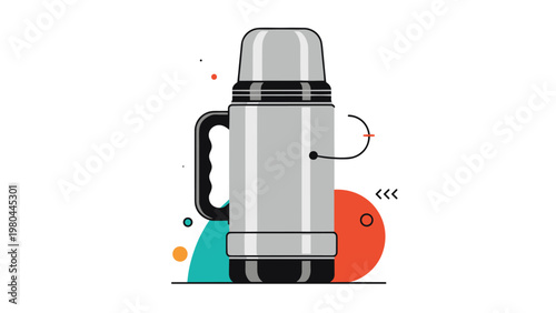 Modern silver stainless steel thermos flask featuring a handle and abstract graphic elements in the background.