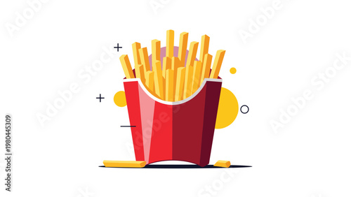 Stylized illustration of a red cardboard container filled with golden crispy French fries on a white and yellow background.