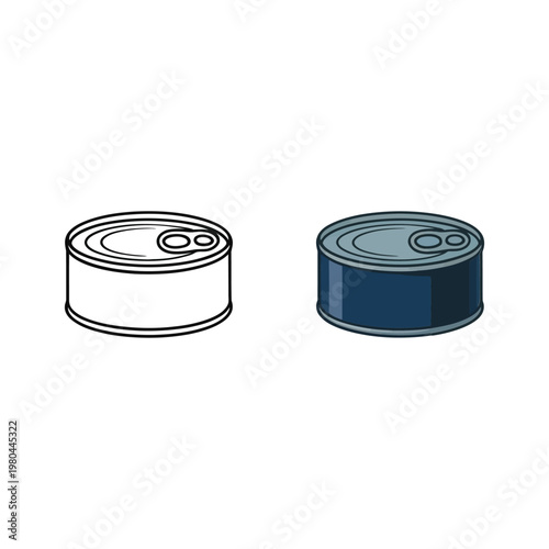 Tin can icons collection, preserved seafood pack, easy open lid graphics, pantry storage label, picnic lunch kit, vector illustration design