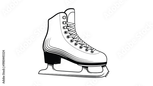 Detailed black and white line art drawing of a single figure ice skate with laces on a plain white background.
