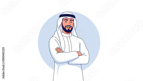 Friendly illustration of a smiling Arab man wearing traditional white thobe and ghutra standing with arms crossed.
