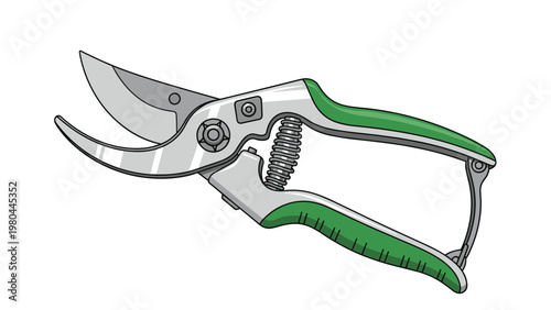Practical gardening hand tool featuring green handled pruning shears used for trimming plants and branches.