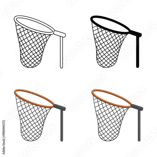 Fishing net collection, telescopic handle nets, lake and stream gear, weekend angling event, tackle shop poster, recreational sport vector design