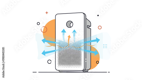 Modern air purifier appliance showing air circulation and filtration with blue and orange directional arrows.