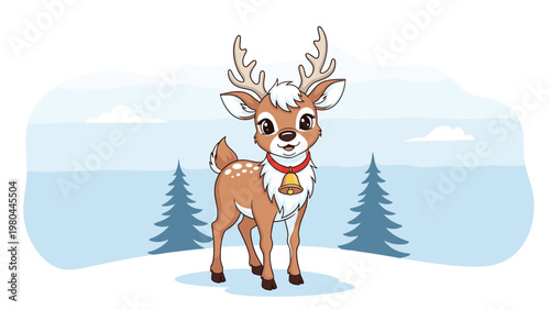 Cute cartoon reindeer with a golden bell standing in a peaceful snowy winter forest landscape with pine trees.