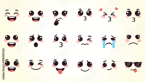 Large set of eighteen diverse cute cartoon emoji faces expressing a wide range of emotions and cheerful feelings.