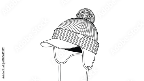 Black and white line drawing of a warm winter trapper hat with protective earflaps a front brim and a pom pom.