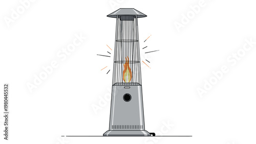Tall outdoor patio gas heater with a visible orange flame for warmth during cold evenings in a garden or terrace.