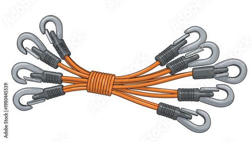 Bundle of six orange bungee cords with strong metal hooks for securing heavy cargo luggage and other transport items.