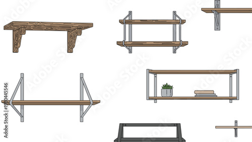 Variety of wall mounted wooden shelves with different metal brackets for stylish home organization and storage.