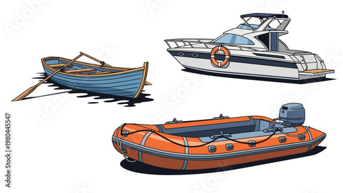Collection of three boats including a wooden rowboat a modern motor yacht and an orange inflatable motorboat.