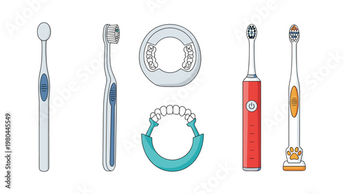 Collection of dental care items including manual toothbrushes an electric toothbrush and a plastic mouth guard.