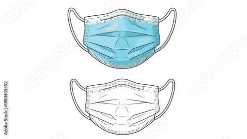 Medical surgical face masks in light blue and white outline for health protection hygiene and virus prevention.