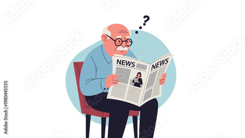Puzzled elderly man reading a news newspaper while sitting on a chair against a light blue circular background.