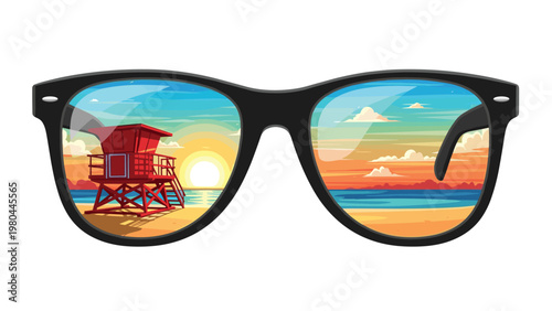 Black sunglasses reflecting a beautiful tropical beach sunset with a red lifeguard tower and ocean waves.