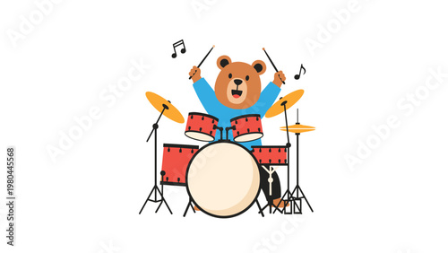 Happy cartoon bear playing a full red drum set with floating musical notes in a fun and cheerful performance.