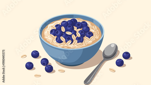 Nutritious breakfast bowl filled with creamy oatmeal porridge topped with fresh blueberries and raw oats served with a simple metal spoon.